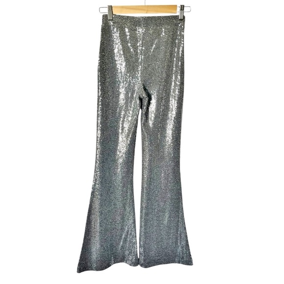 Forever 21 Size XS Silver Disco Sequin Mesh Flare Leg Pull On Retro Pants - Picture 5 of 5